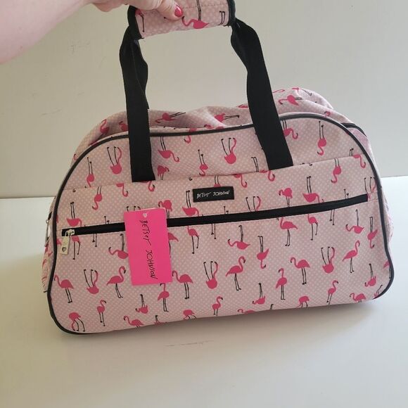 $160 LARGE NEW BETSEY JOHNSON PINK FLAMINGO CARRYON ROLLING TRAVEL BAG BLACK NWT - Picture 7 of 14